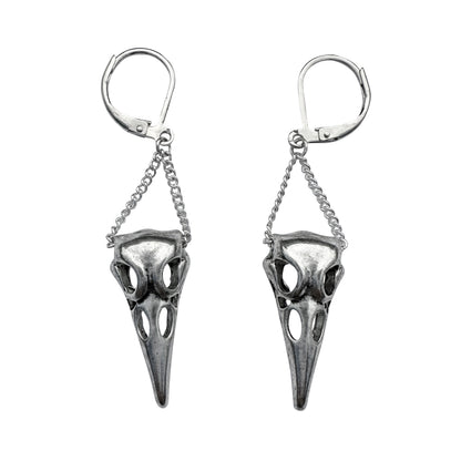 Silver Raven Skull Charm Necklace Chain and Earring Set