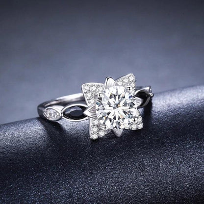 Black Spinel Flower Silver Ring