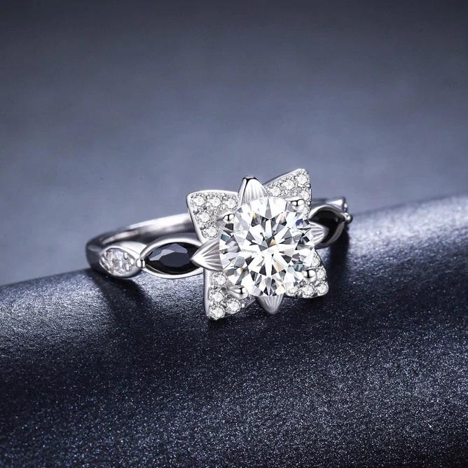 Black Spinel Flower Silver Ring