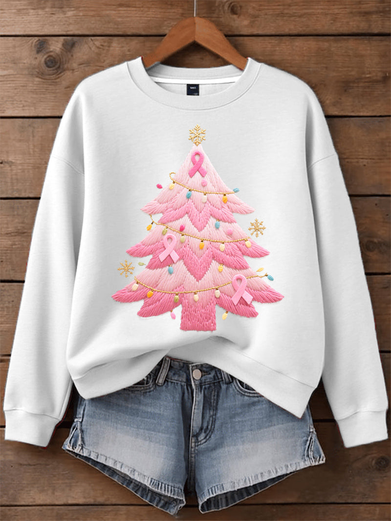 Women's Sweatshirt with Embroidered Christmas Tree in Pink