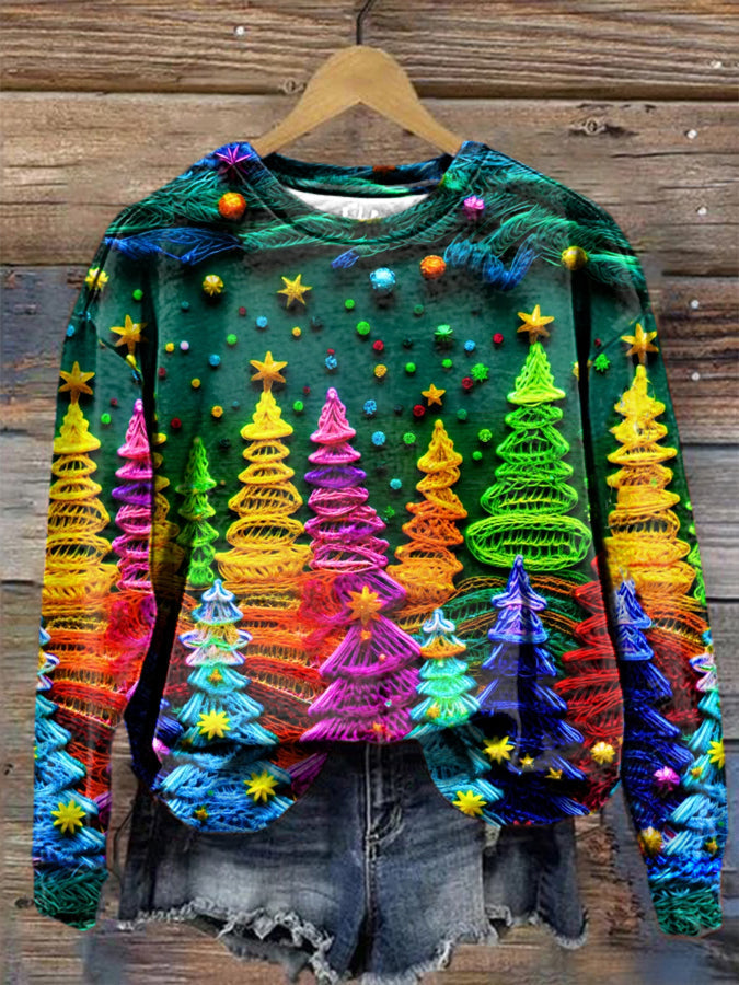 Women's Christmas Tree Print Long-Sleeve Sweatshirt