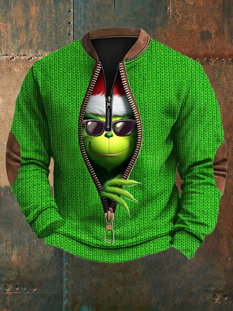 Men's Funny Classic Christmas Character Print Casual Zip Collar Sweatshirt