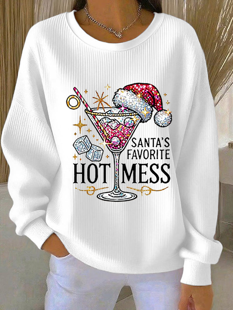 Women's Santa's Favorite Hot Mess Print Casual Ribbed Crew Neck Sweatshirt