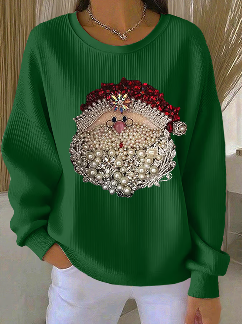 Women's Santa Claus Printed Ribbed Crew Neck Sweatshirt