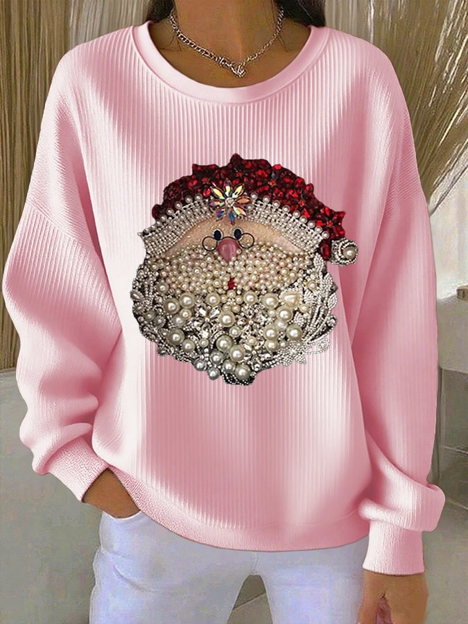 Women's Santa Claus Printed Ribbed Crew Neck Sweatshirt