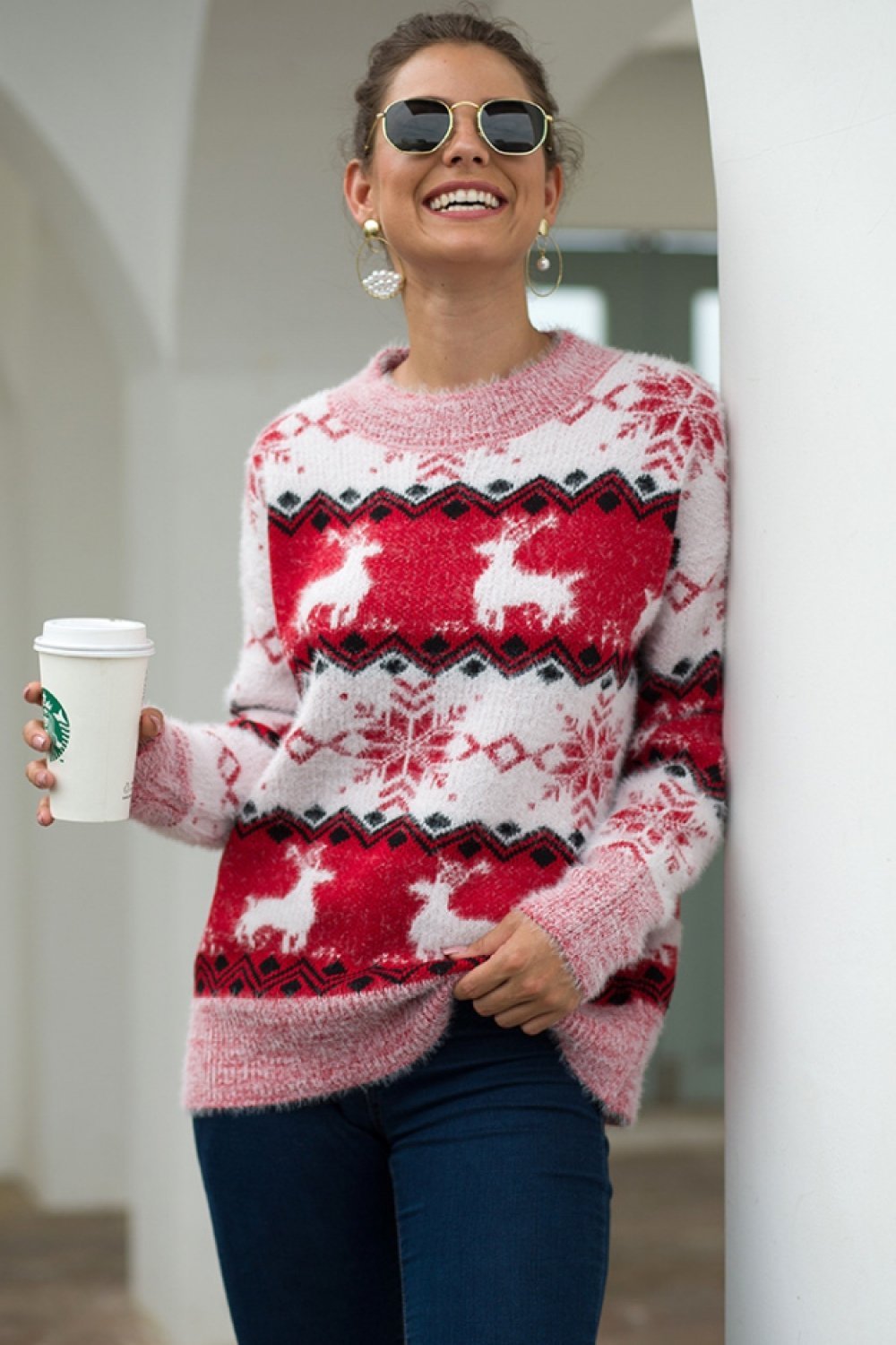 Striped Christmas Snow Deer Sweater