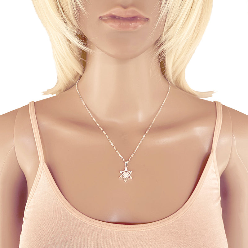 Sterling Silver Mini Cubic Zirconia Flower Pendant on Silver Cable Chain Necklace, 18