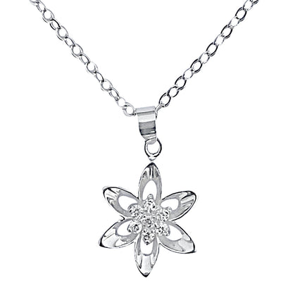 Sterling Silver Mini Cubic Zirconia Flower Pendant on Silver Cable Chain Necklace, 18" With Extender