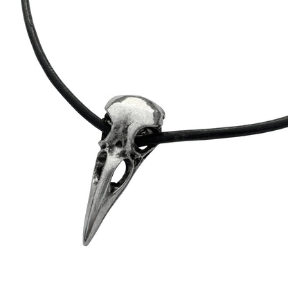 Large Silver Raven Skull on Thick Black Leather Necklace Cord - 22 Inches