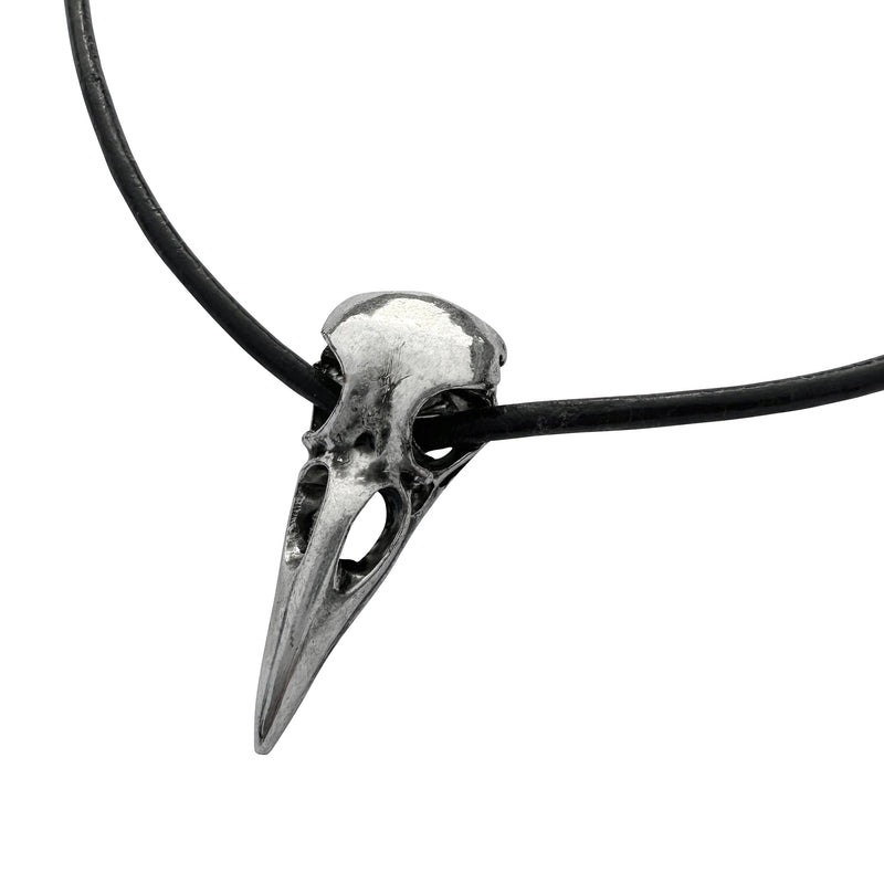 Large Silver Raven Skull on Thick Black Leather Necklace Cord - 22 Inches