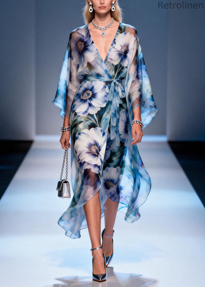 V Neck Print Lace Up Chiffon Dresses Summer
