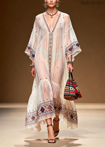 Modern White V Neck Print Patchwork Chiffon Dresses Summer