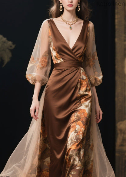 Fine V Neck Print Tulle Patchwork Silk Dress Summer
