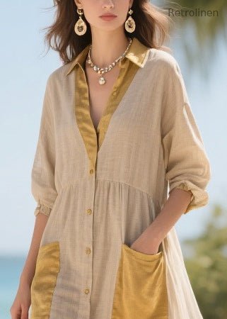 Handmade Khaki V Neck Patchwork Tulle Long Dress Summer