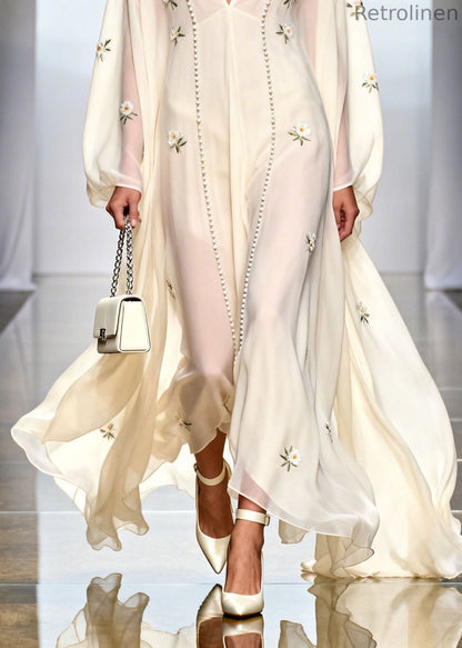 White V Neck Zircon Chiffon Dresses Spring