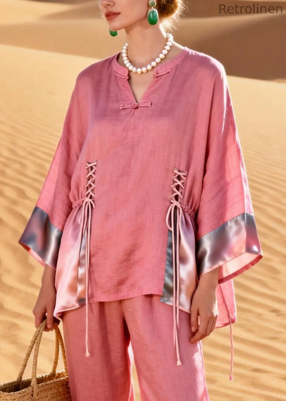 Art Pink Button Cinched Silk Patchwork Two Pieces Set Spring