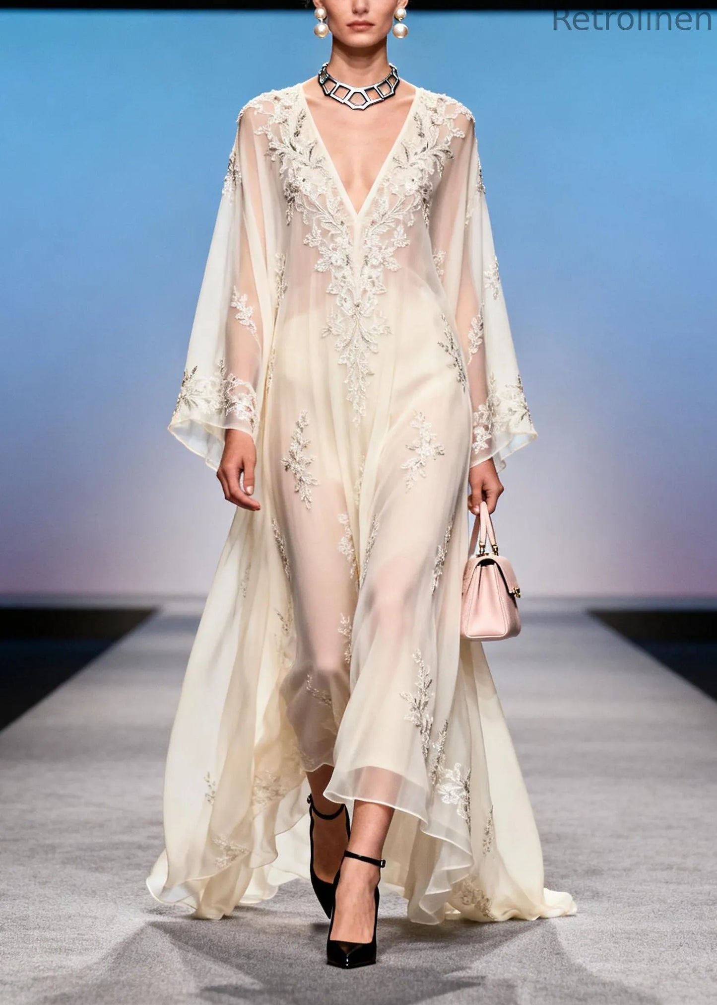 French White Embroidered Exra Large Hem Chiffon Party Dress Summer