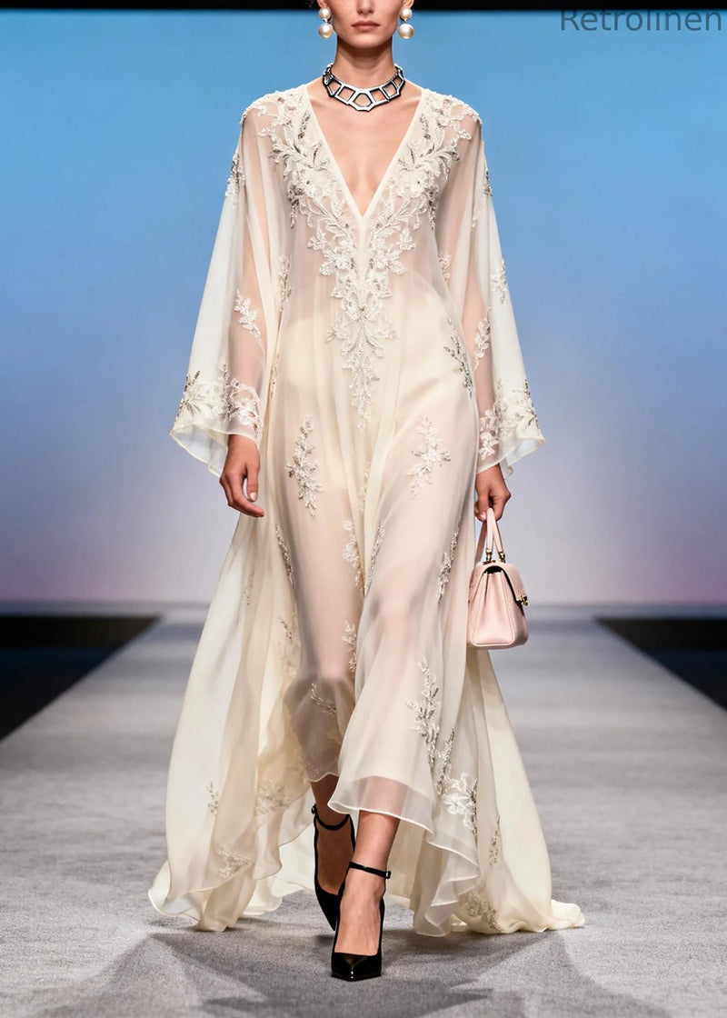 French White Embroidered Exra Large Hem Chiffon Party Dress Summer