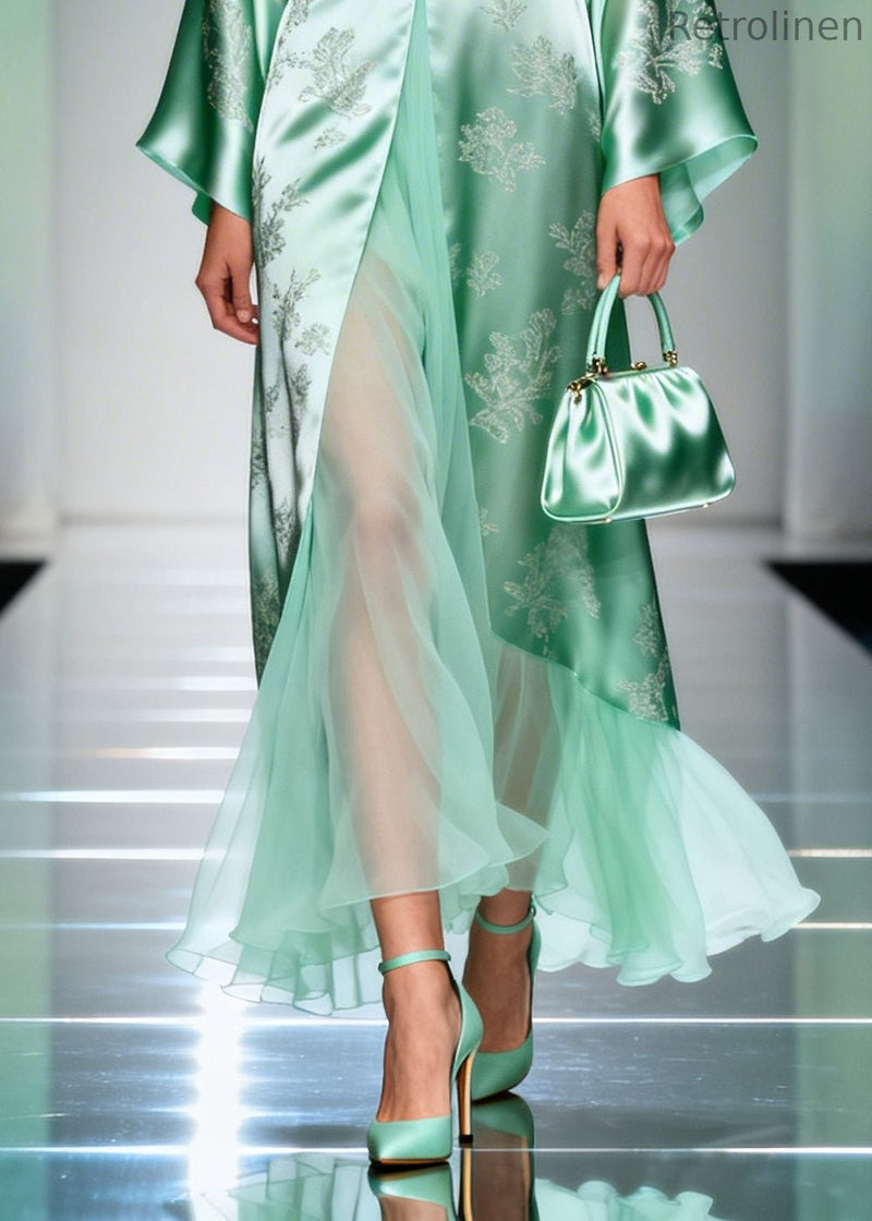 Art Lake Green Jacquard Patchwork Tulle Silk Long Dresses Spring