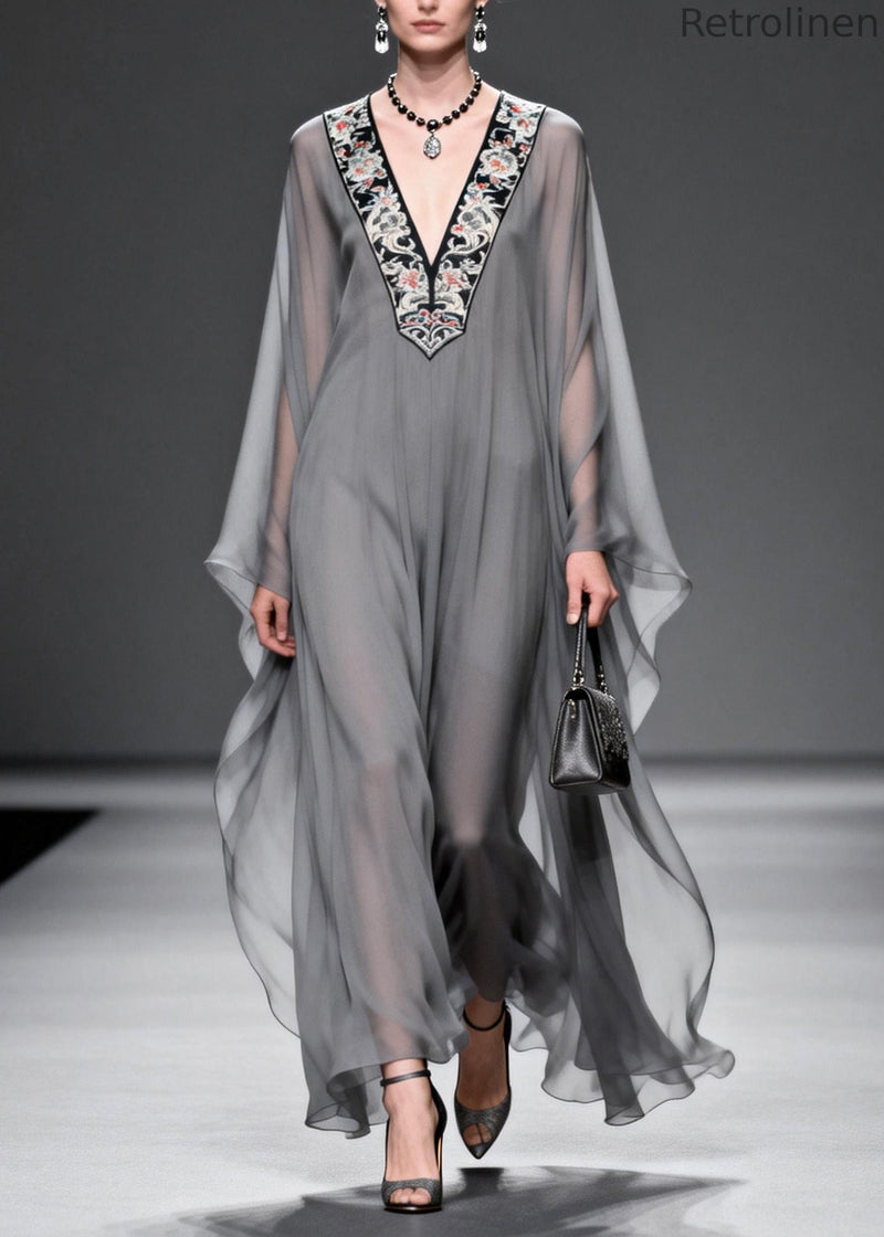 Grey V Neck Print Patchwork Chiffon Maxi Dresses Spring