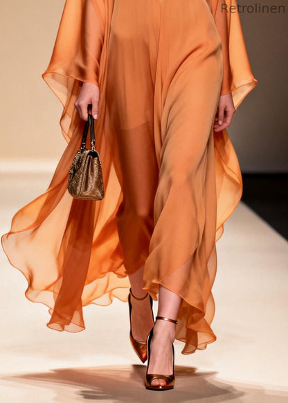 Fitted Orange V Neck Patchwork Chiffon Holiday Dresses Summer