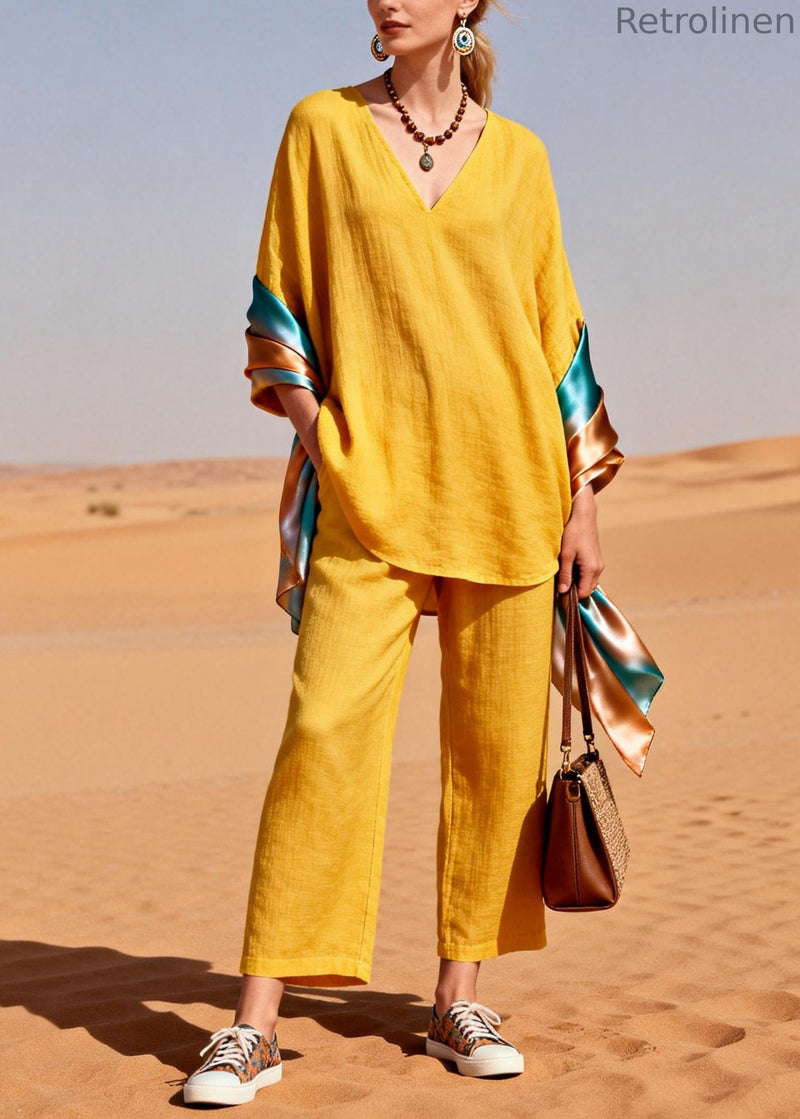 Yellow Oversized Patchwork Shawl Cotton Two Piece Set Clothing Spring