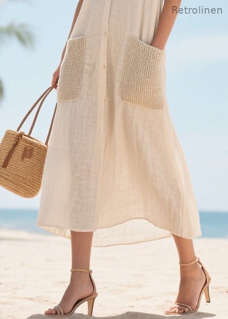 Beige V Neck Patchwork Pockets Cotton Vacation Dresses Summer