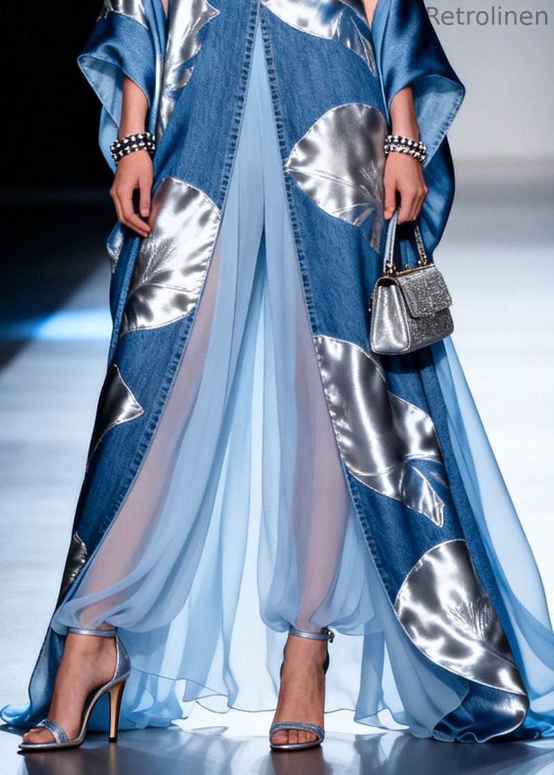Blue Print Patchwork Exra Large Hem Denim a Line Dresses Summer