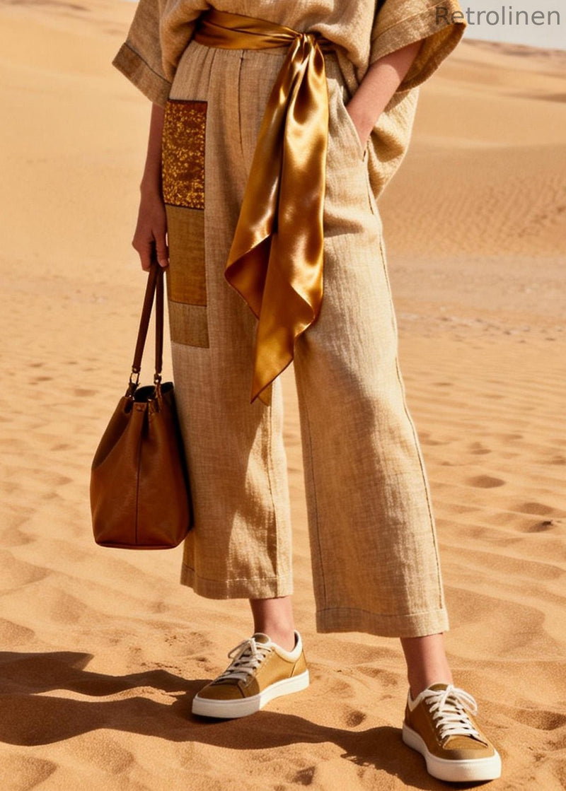 Khaki V Neck Pockets Tie Waist Patchwork Linen Jumpsuit Summer