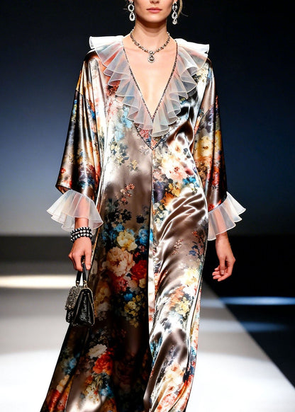 Modern V Neck Print Ruffled Patchwork Silk Dresses Spring