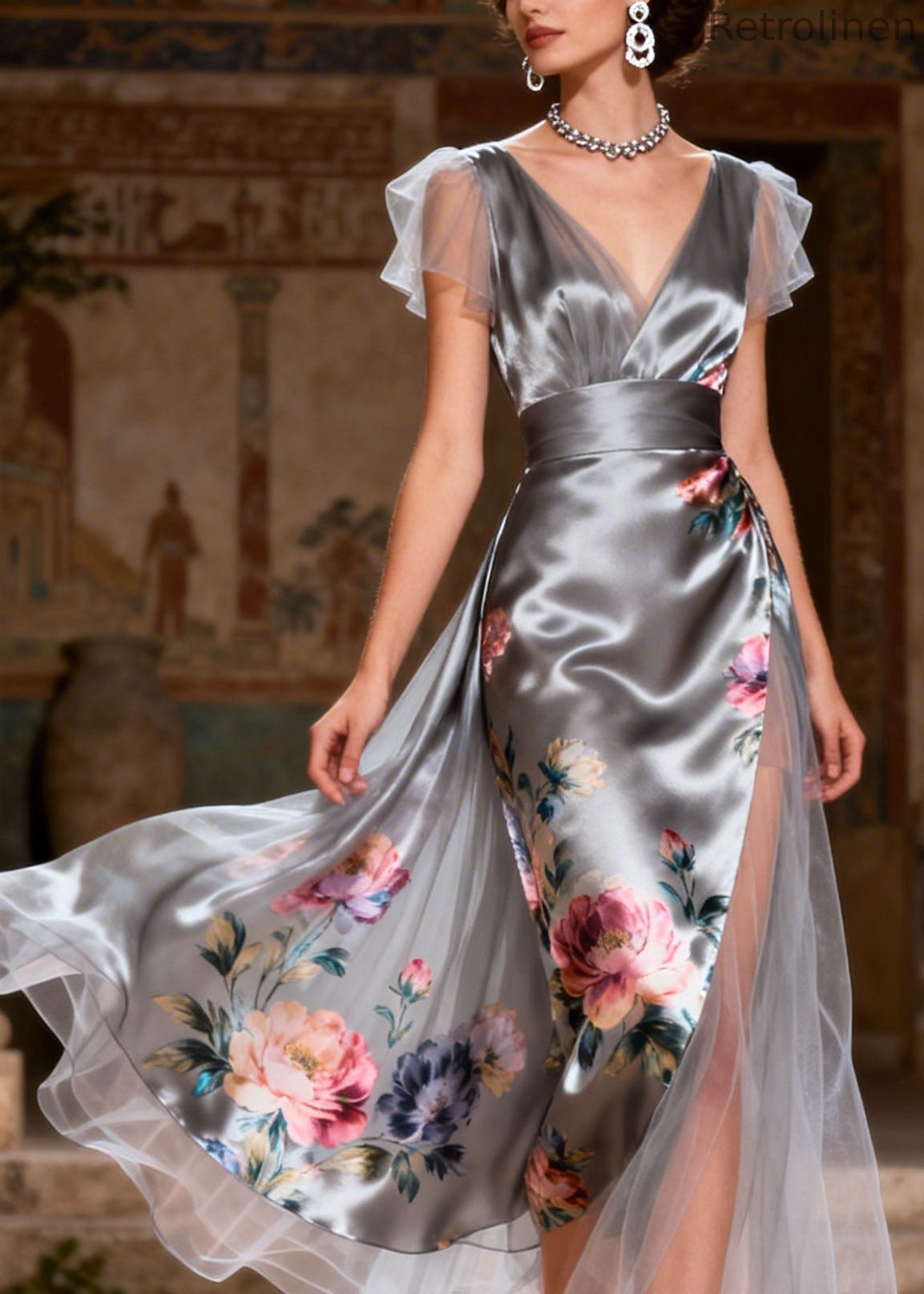 Grey V Neck Print Patchwork Silk Dress Summer