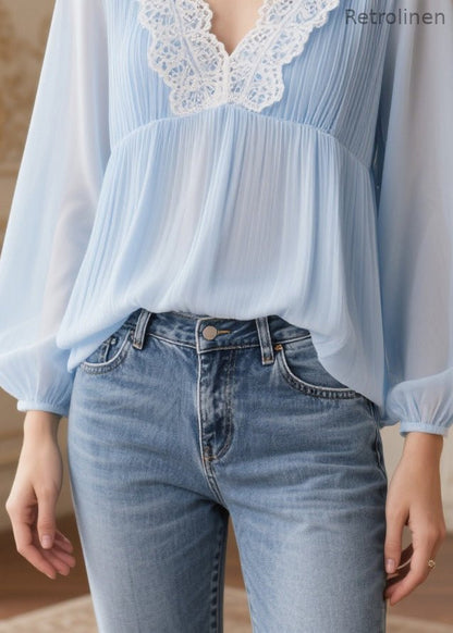 Italian Sky Blue V Neck Patchwork Lace Chiffon Shirt Spring