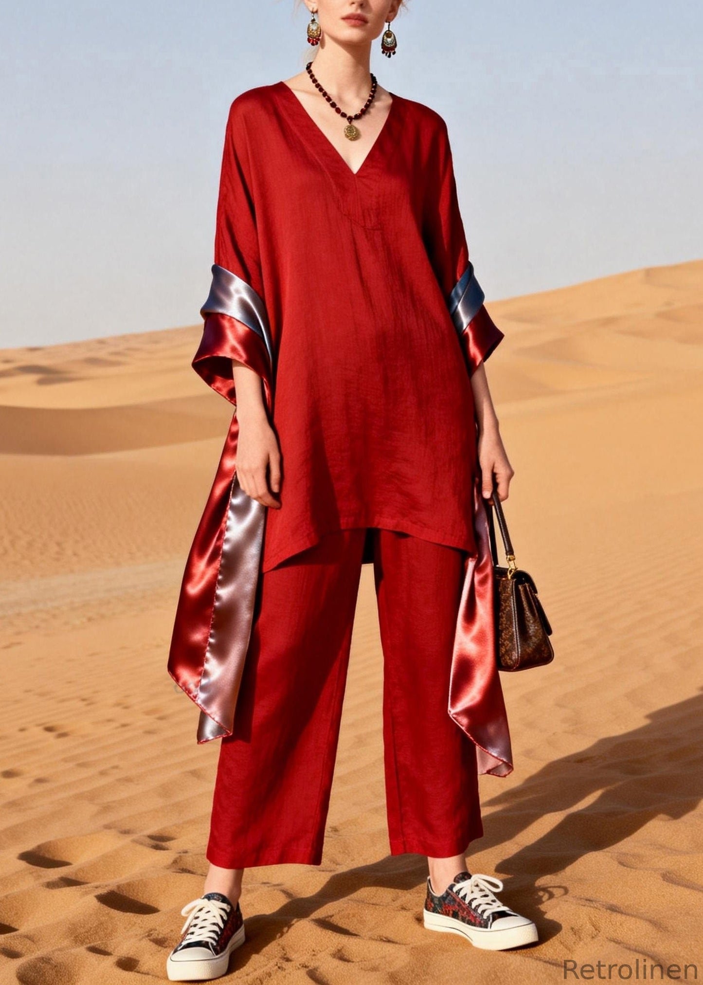 Red V Neck Patchwork Linen Silk Two Pieces Set Summer