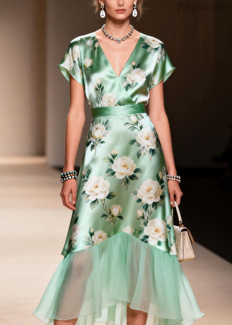 V Neck Print Ruffled Patchwork Silk Dresses Summer