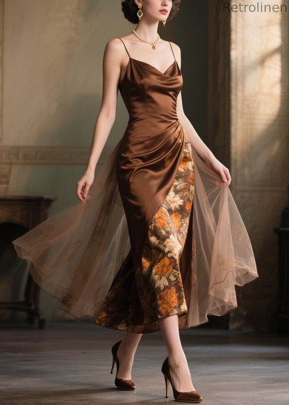 Boutique Chocolate Print Patchwork Tulle Cami Dress Summer
