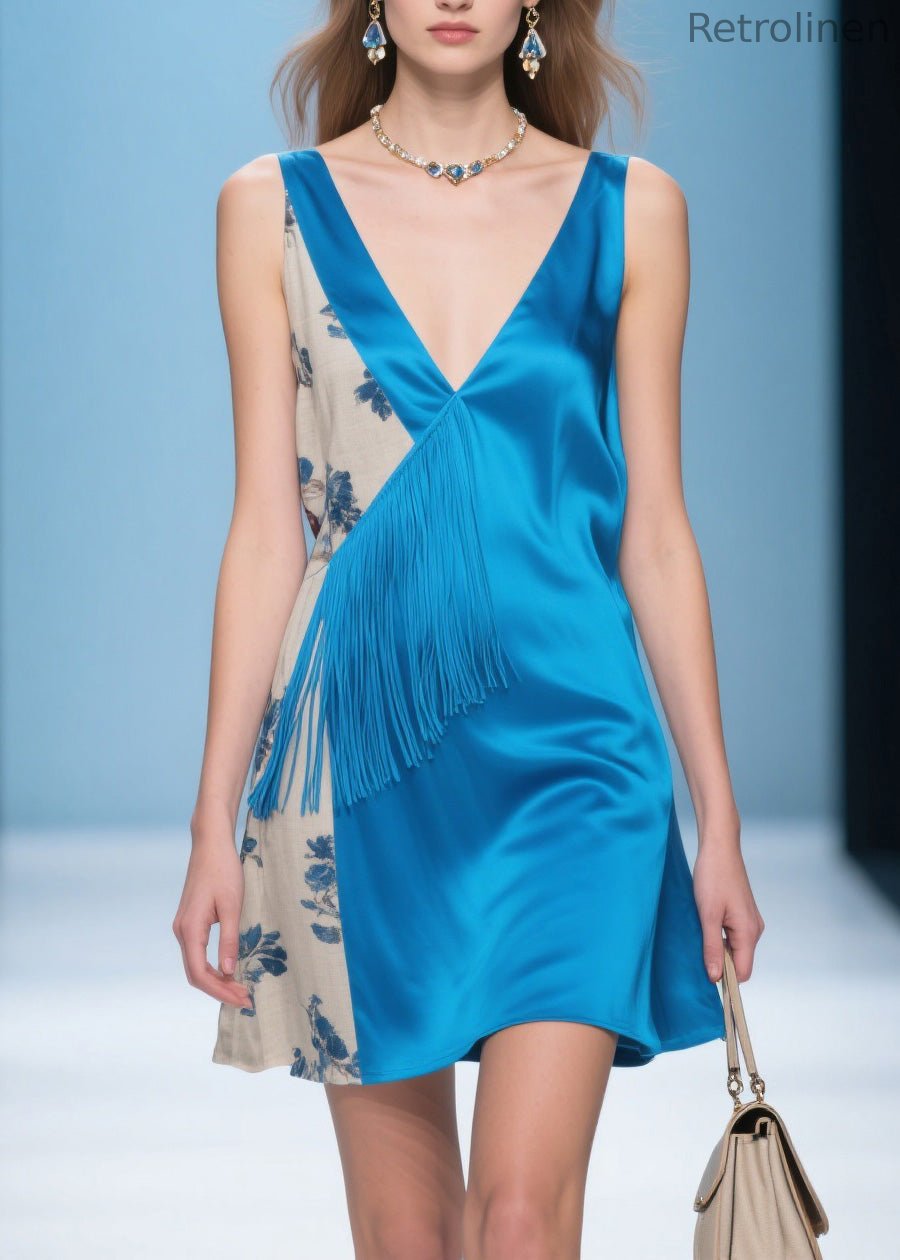 Blue V Neck Print Patchwork Silk Dresses Summer