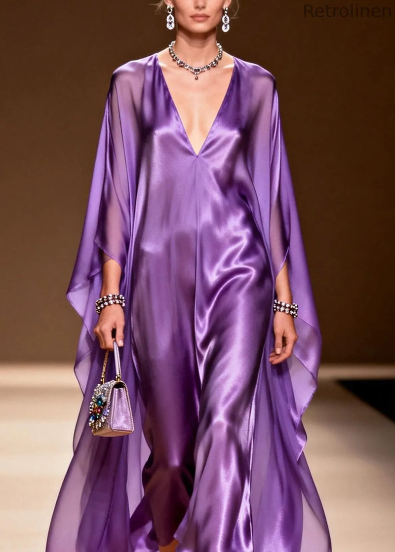 Purple V Neck Silk Long Dress Spring