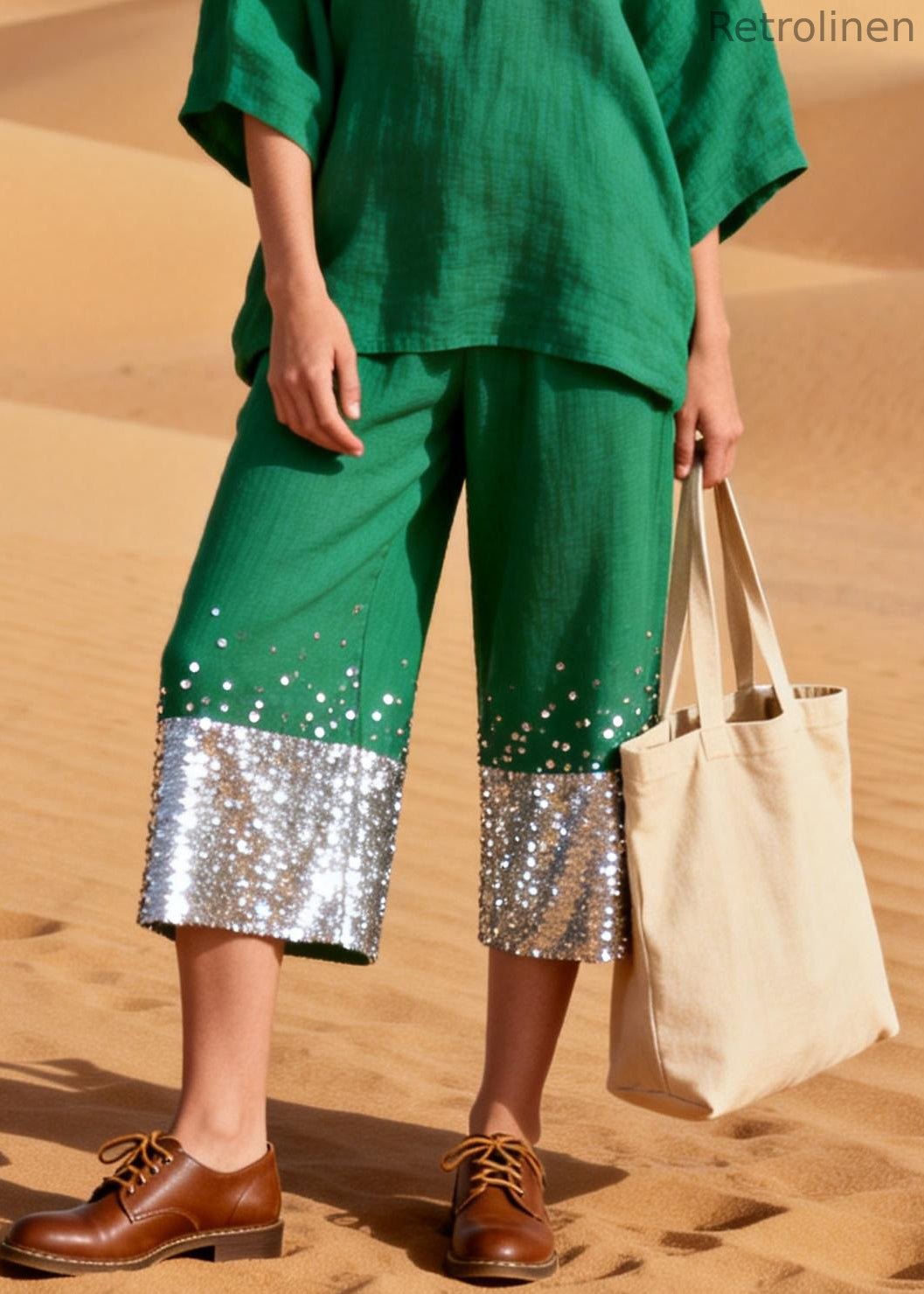 Green Sequins Patchwork Tops and Crop Pants Linen Two Pieces Set Half Sleeve
