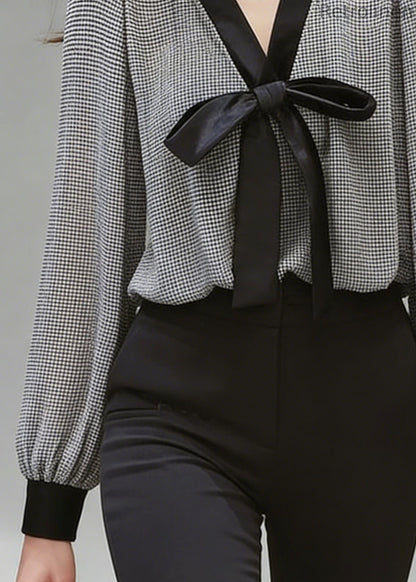 French Black Plaid Bow Chiffon Shirt Top Spring