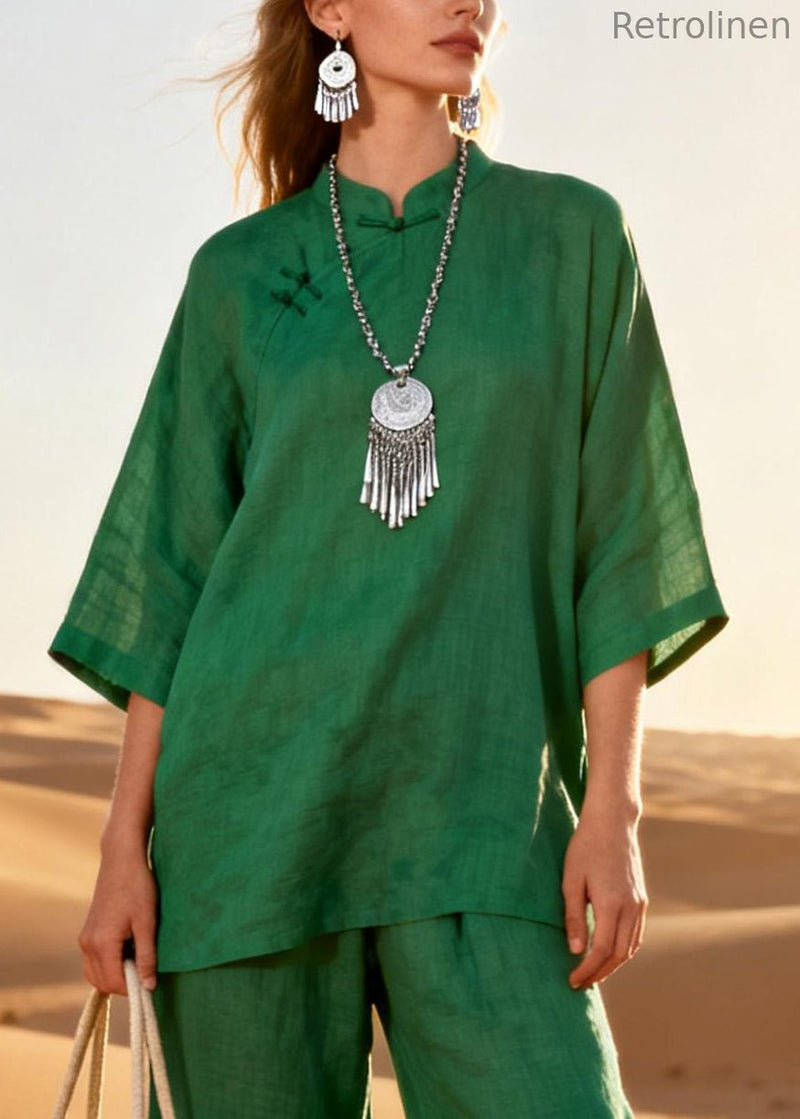 Green Chinese Button Sequins Patchwork Two Piece Set Stand Collar Half Sleeve