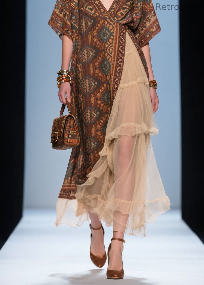 French V Neck Print Ruffled Patchwork Cotton Dress Summer