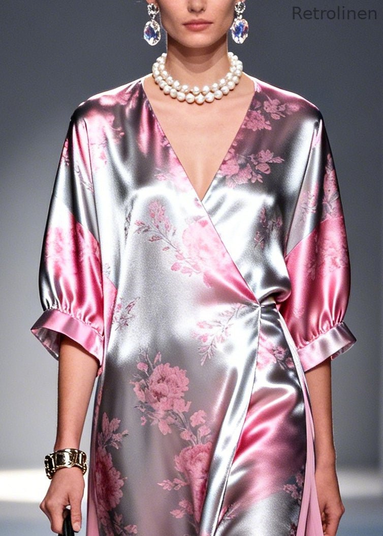 Style Pink Print Patchwork Silk Holiday Dress Summer