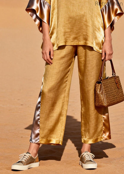 Fine Golden Oversized Patchwork Linen Silk Two Pieces Set Spring