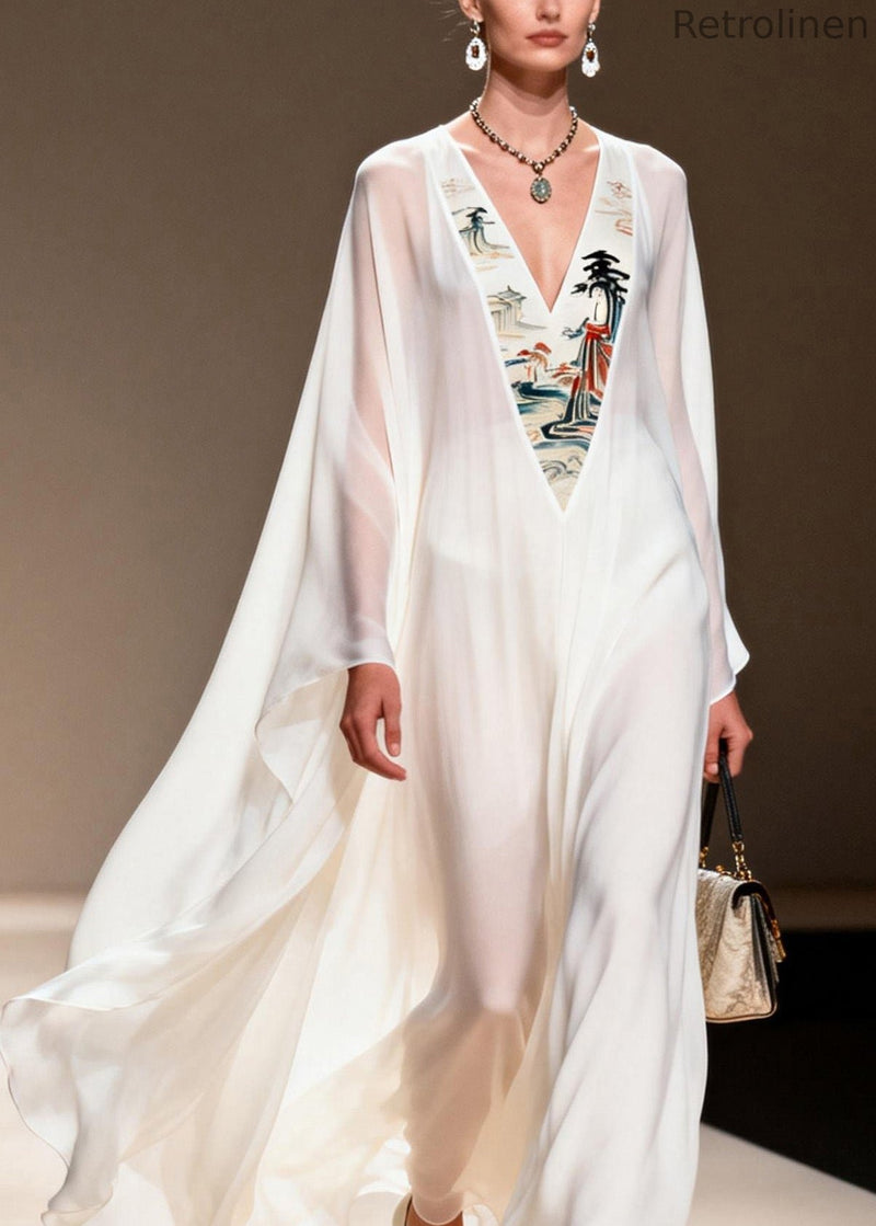 White V Neck Patchwork Chiffon Long Dresses Spring