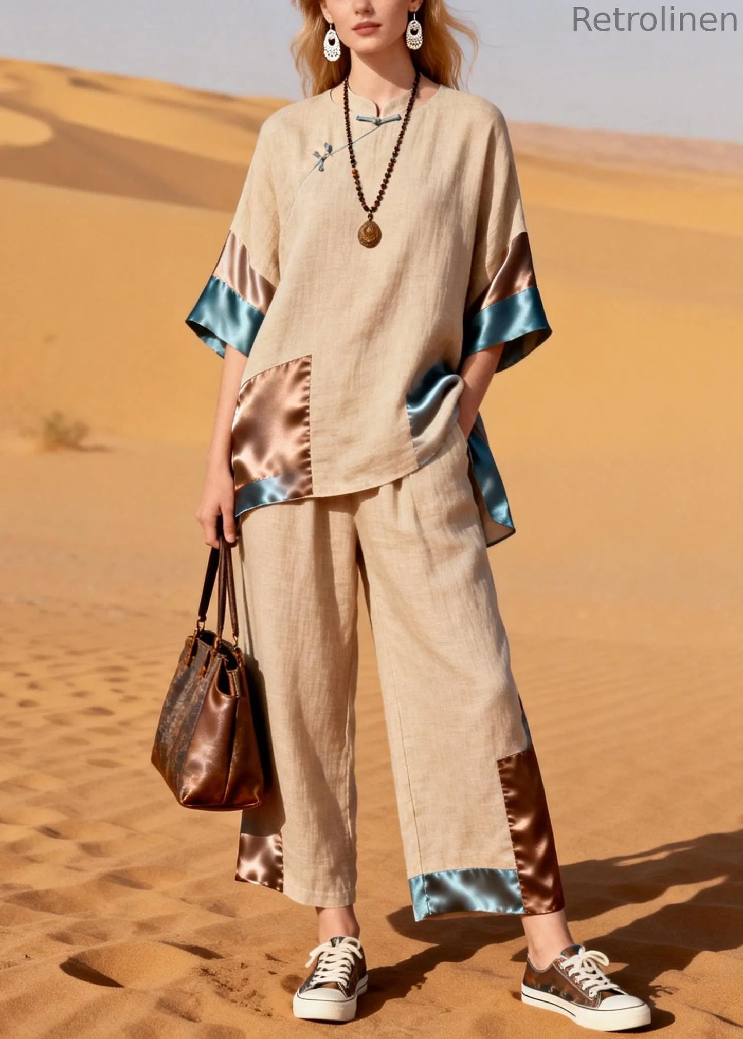 New Khaki Stand Collar Chinese Button Patchwork Silk Linen Two Pieces Set Half Sleeve