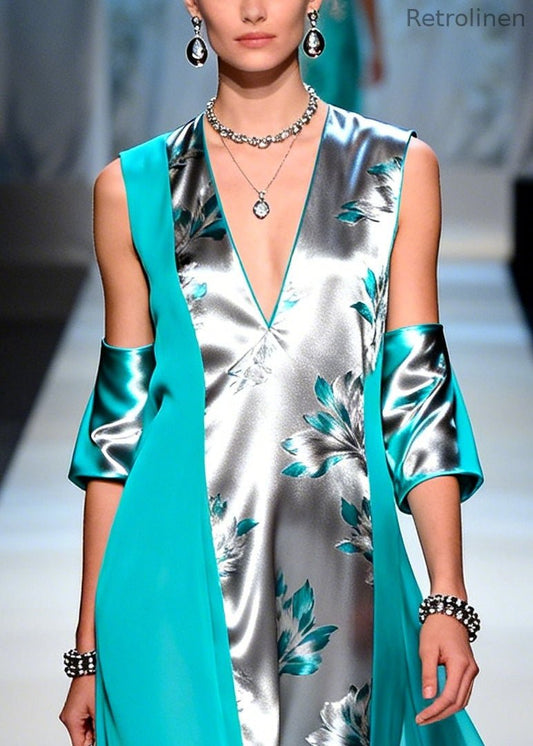 Grey Asymmetrical Patchwork Silk Maxi Dresses Summer