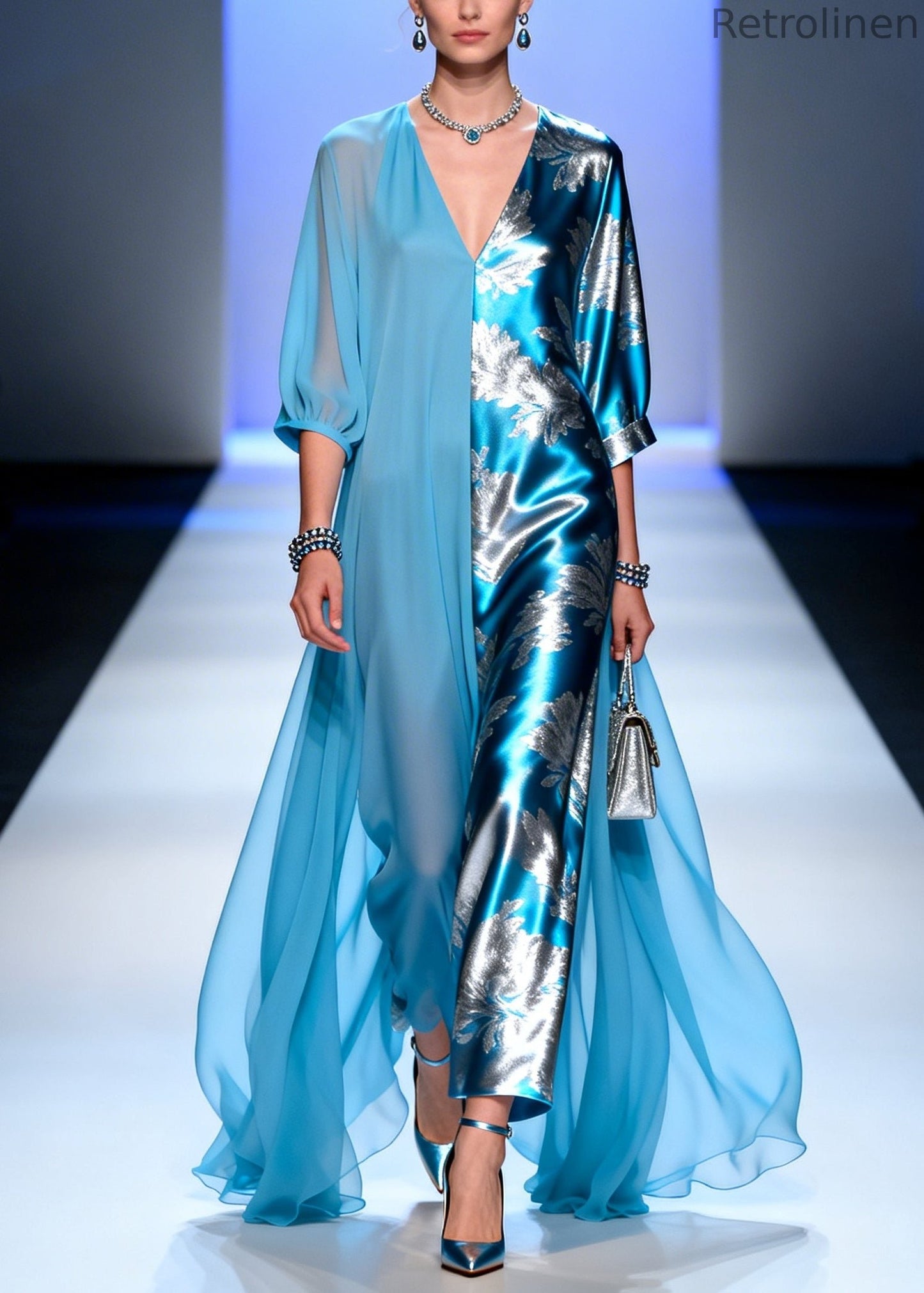 Blue Asymmetrical Patchwork Chiffon Party Dress Summer