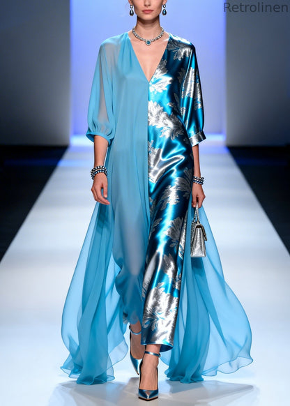 Blue Asymmetrical Patchwork Chiffon Party Dress Summer