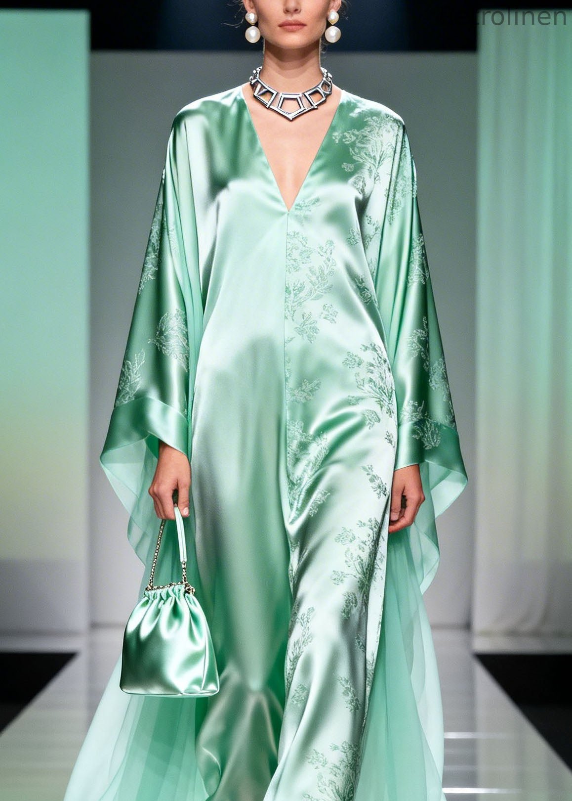 Classy Light Green V Neck Print Silk Long Dress Spring