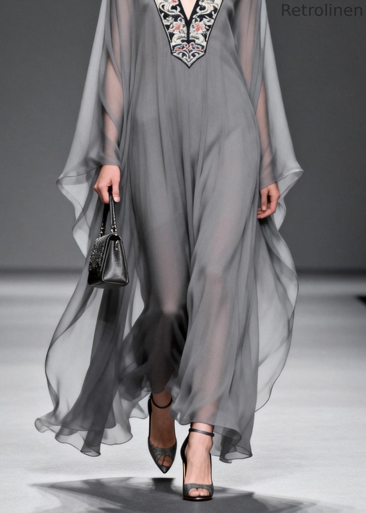 Grey V Neck Print Patchwork Chiffon Maxi Dresses Spring